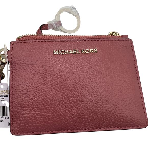 Michael Kors Jet Set Small Pebbled Leather Wristlet Card Coin Case Rose Gold - Picture 1 of 15